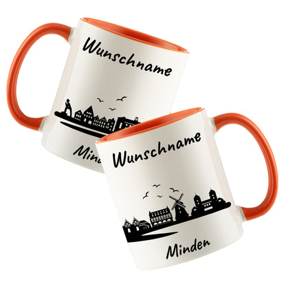 Tasse in Orange 330ml bedruckt mit der Skyline von Minden personalisierbar mit Wunschname