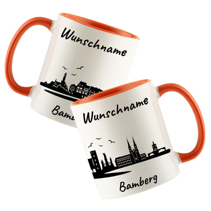 Tasse in Orange 330ml bedruckt mit der Skyline von Bamberg personalisierbar mit Wunschname