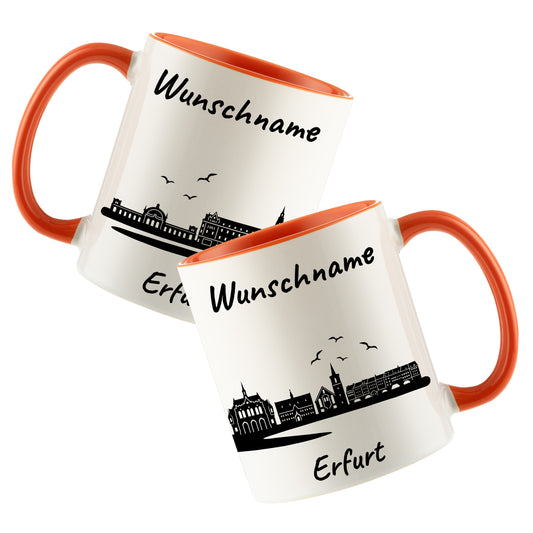 Tasse in Orange 330ml bedruckt mit der Skyline von Erfurt personalisierbar mit Wunschname