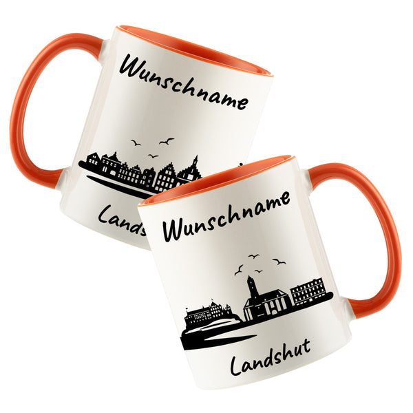 Tasse in Orange 330ml bedruckt mit der Skyline von Landshut personalisierbar mit Wunschname