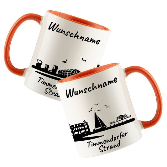 Tasse in Orange 330ml bedruckt mit der Skyline von Timmendorfer Strand personalisierbar mit Wunschname