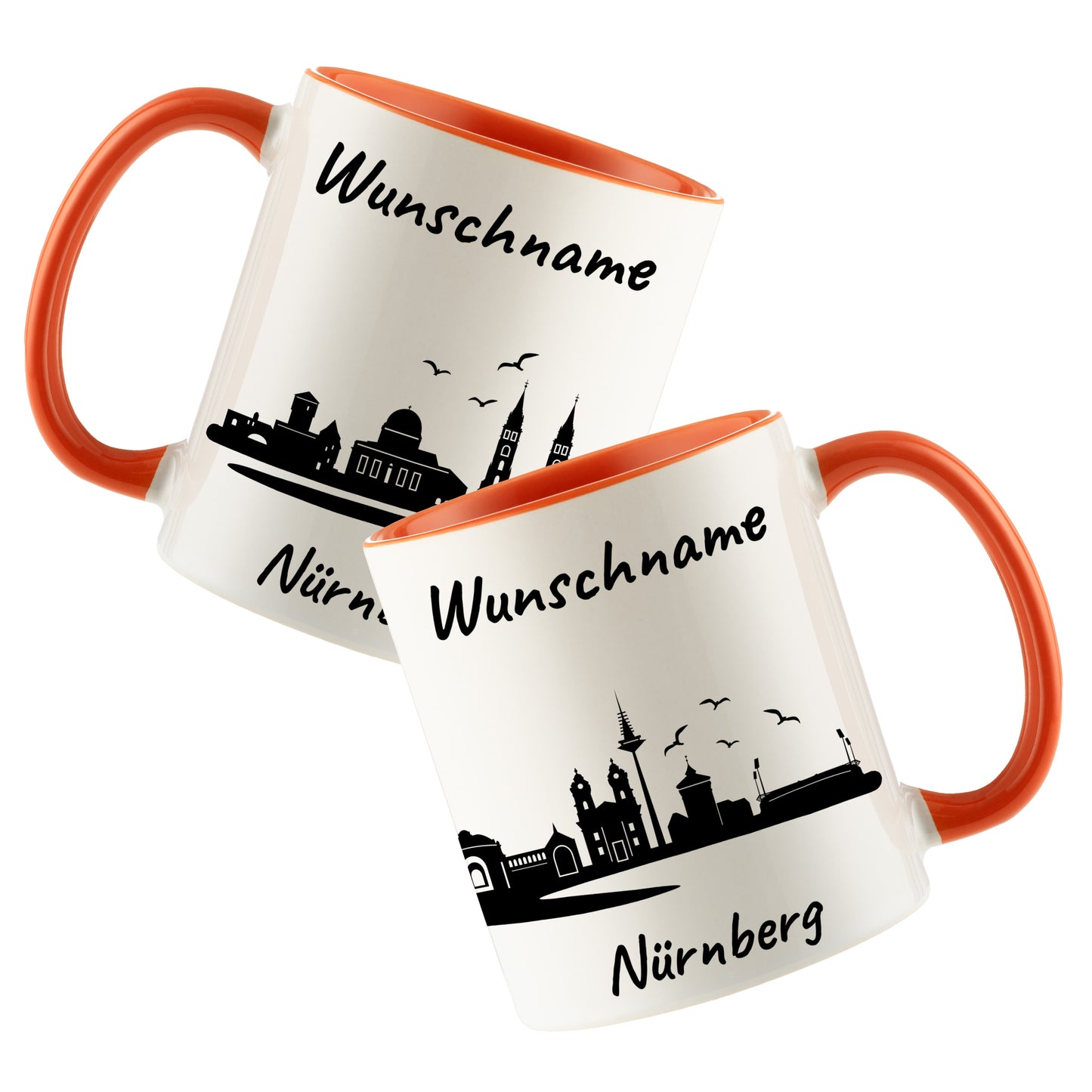 Tasse in Orange 330ml bedruckt mit der Skyline von Nürnberg personalisierbar mit Wunschname