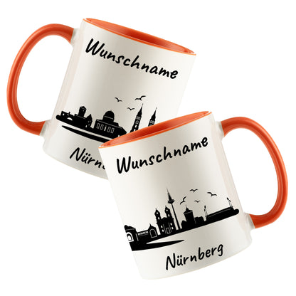 Tasse in Orange 330ml bedruckt mit der Skyline von Nürnberg personalisierbar mit Wunschname