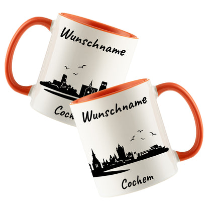 Tasse in Orange 330ml bedruckt mit der Skyline von Cochem personalisierbar mit Wunschname
