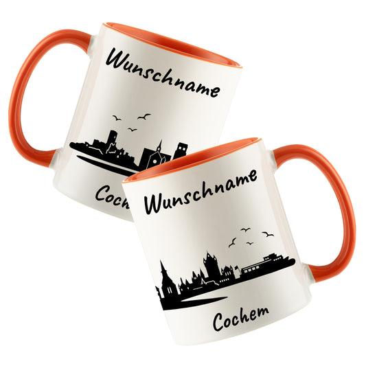 Tasse in Orange 330ml bedruckt mit der Skyline von Cochem personalisierbar mit Wunschname