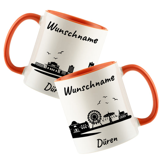 Tasse in Orange 330ml bedruckt mit der Skyline von Düren personalisierbar mit Wunschname