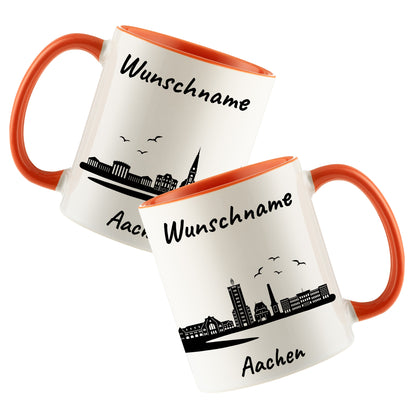 Tasse in Orange 330ml bedruckt mit der Skyline von Aachen personalisierbar mit Wunschname