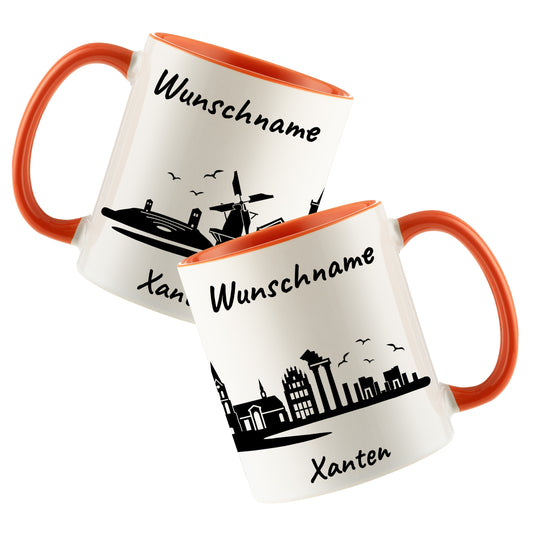 Tasse in Orange 330ml bedruckt mit der Skyline von Xanten personalisierbar mit Wunschname