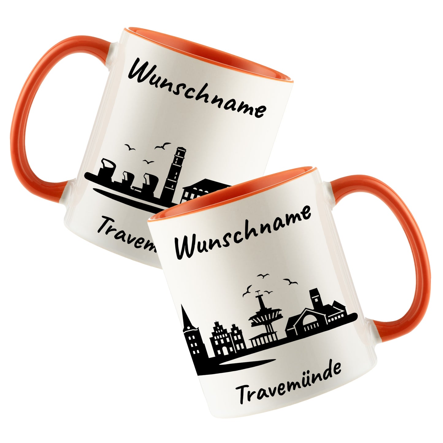 Tasse in Orange 330ml bedruckt mit der Skyline von Travemünde personalisierbar mit Wunschname