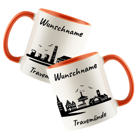 Tasse in Orange 330ml bedruckt mit der Skyline von Travemünde personalisierbar mit Wunschname