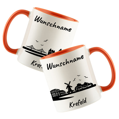 Tasse in Orange 330ml bedruckt mit der Skyline von Krefeld personalisierbar mit Wunschname