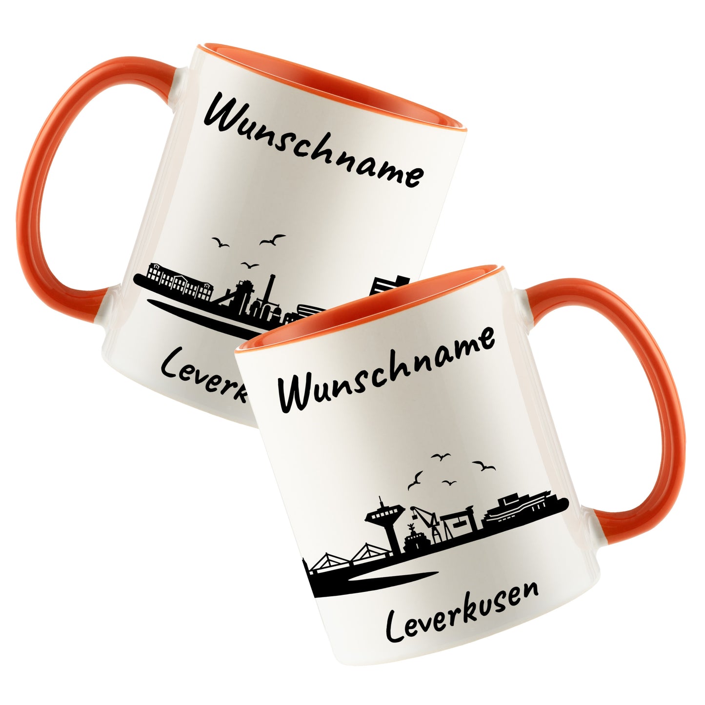 Tasse in Orange 330ml bedruckt mit der Skyline von Leverkusen personalisierbar mit Wunschname