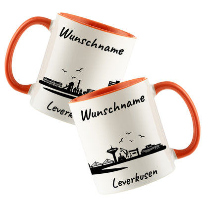 Tasse in Orange 330ml bedruckt mit der Skyline von Leverkusen personalisierbar mit Wunschname