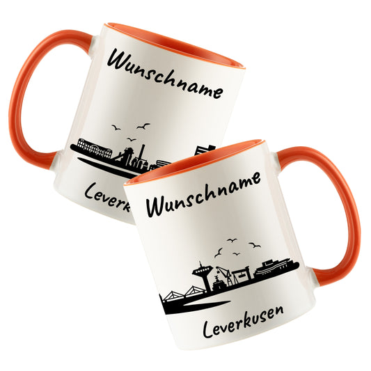 Tasse in Orange 330ml bedruckt mit der Skyline von Leverkusen personalisierbar mit Wunschname