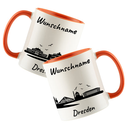 Tasse in Orange 330ml bedruckt mit der Skyline von Dresden personalisierbar mit Wunschname