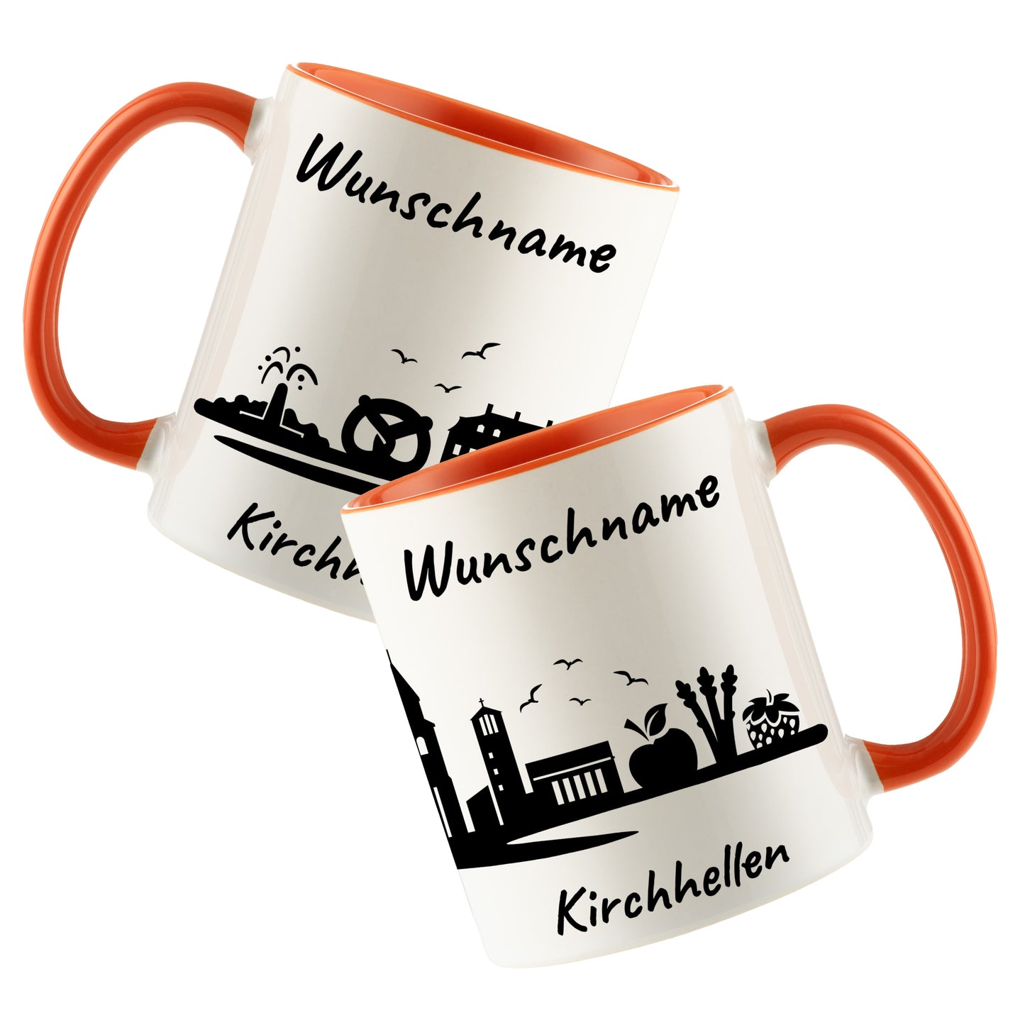 Tasse in Orange 330ml bedruckt mit der Skyline von Kirchhellen personalisierbar mit Wunschname