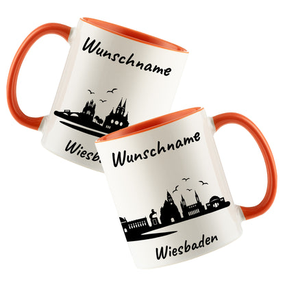 Tasse in Orange 330ml bedruckt mit der Skyline von Wiesbaden personalisierbar mit Wunschname
