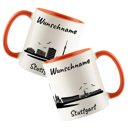 Tasse in Orange 330ml bedruckt mit der Skyline von Stuttgart personalisierbar mit Wunschname