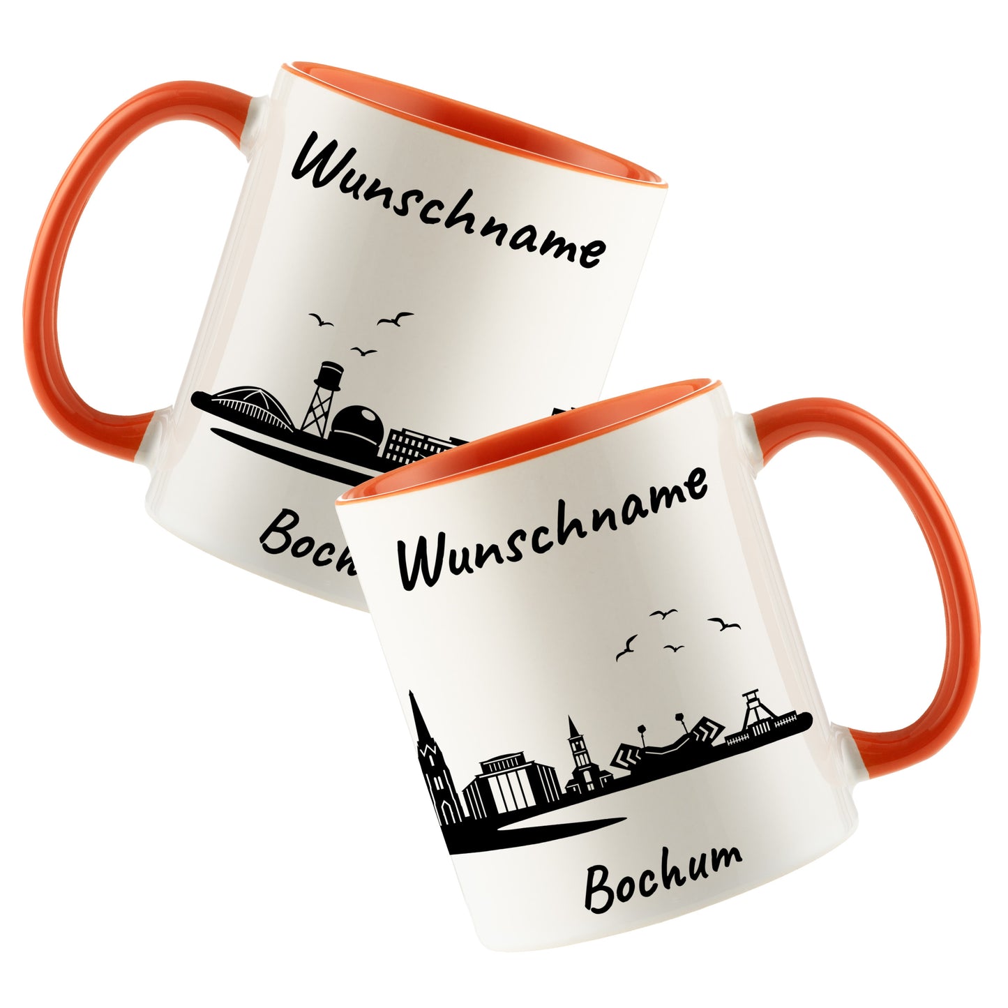 Tasse in Orange 330ml bedruckt mit der Skyline von Bochum personalisierbar mit Wunschname