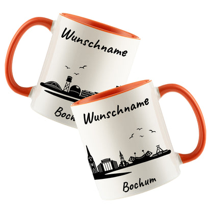 Tasse in Orange 330ml bedruckt mit der Skyline von Bochum personalisierbar mit Wunschname