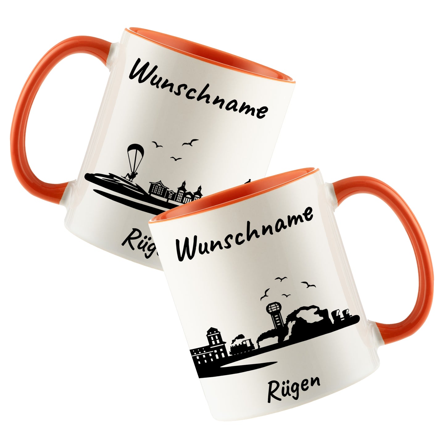 Tasse in Orange 330ml bedruckt mit der Skyline von Rügen personalisierbar mit Wunschname