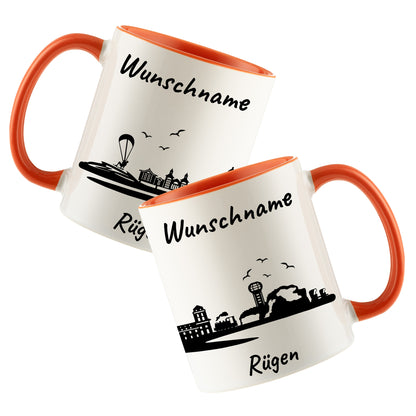 Tasse in Orange 330ml bedruckt mit der Skyline von Rügen personalisierbar mit Wunschname