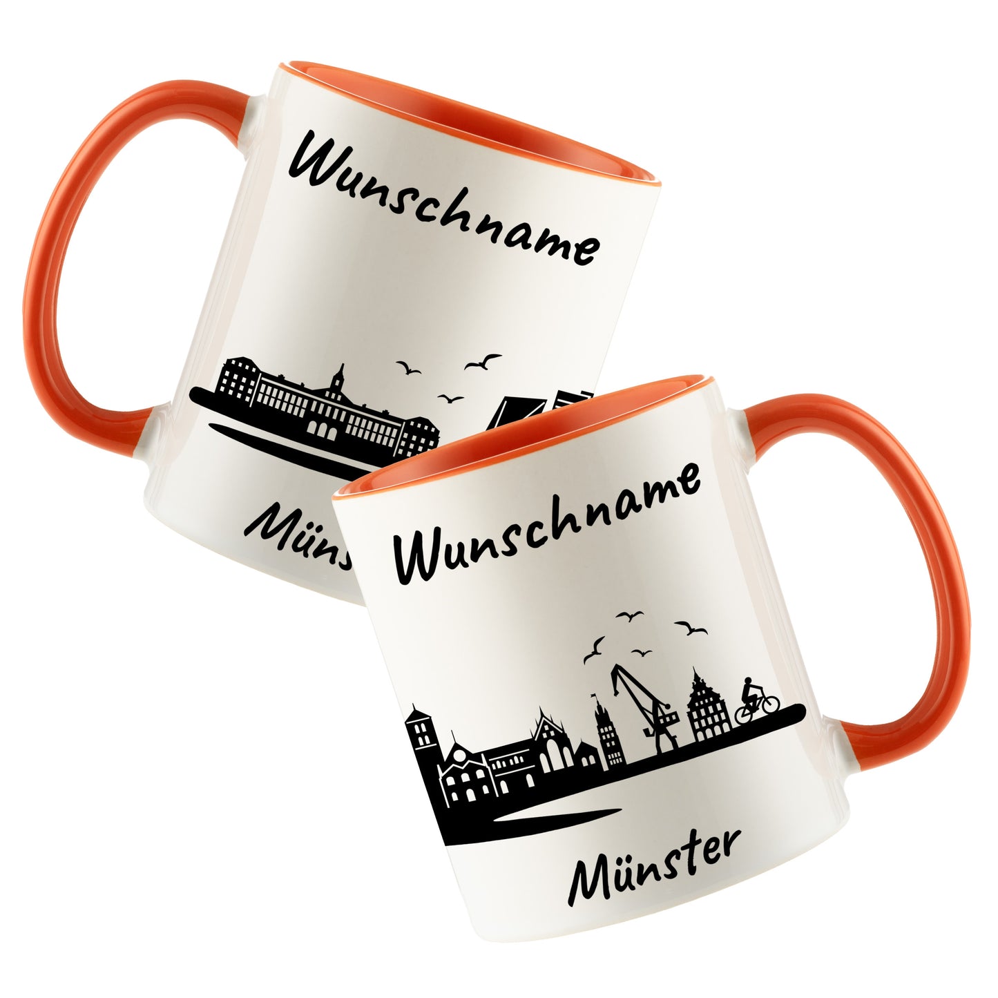 Tasse in Orange 330ml bedruckt mit der Skyline von Münster personalisierbar mit Wunschname