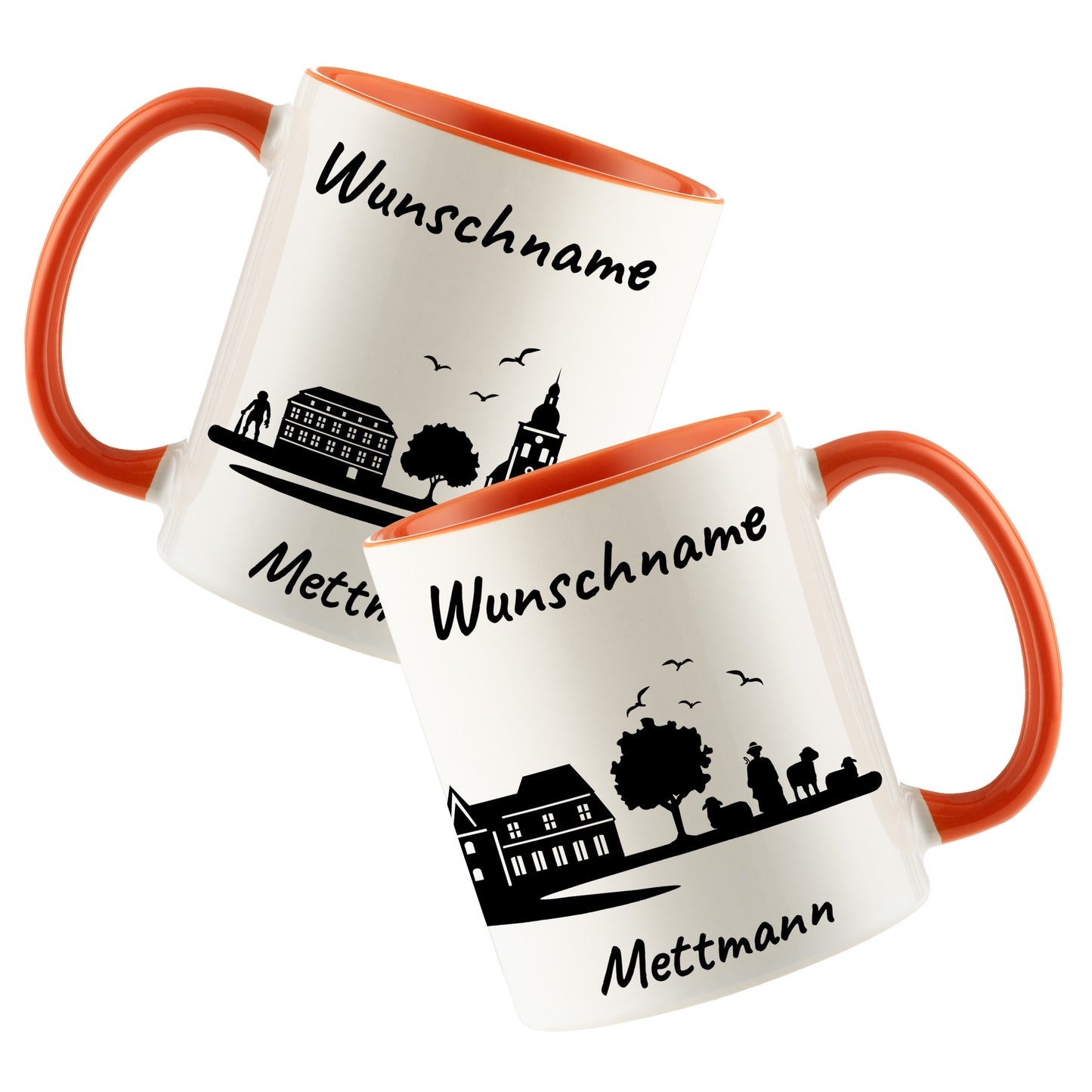 Tasse in Orange 330ml bedruckt mit der Skyline von Mettmann personalisierbar mit Wunschname
