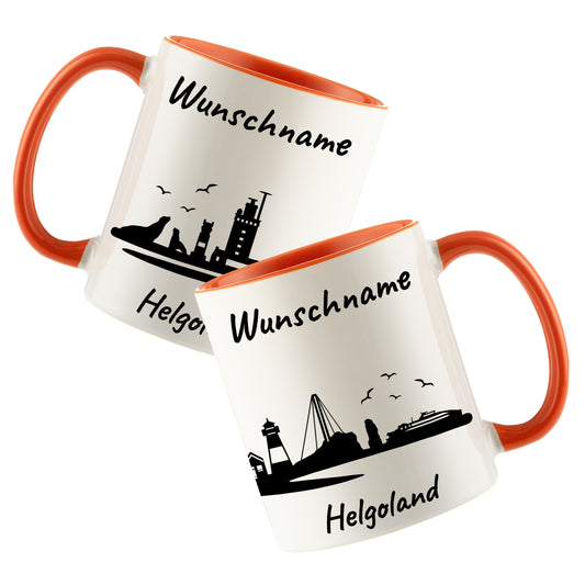 Tasse in Orange 330ml bedruckt mit der Skyline von Helgoland personalisierbar mit Wunschname