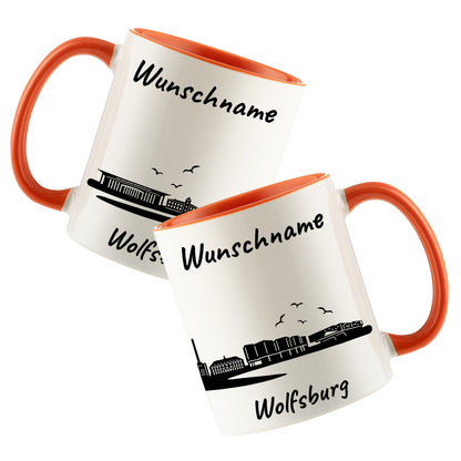 Tasse in Orange 330ml bedruckt mit der Skyline von Wolfsburg personalisierbar mit Wunschname