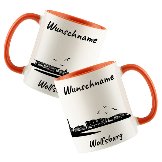Tasse in Orange 330ml bedruckt mit der Skyline von Wolfsburg personalisierbar mit Wunschname