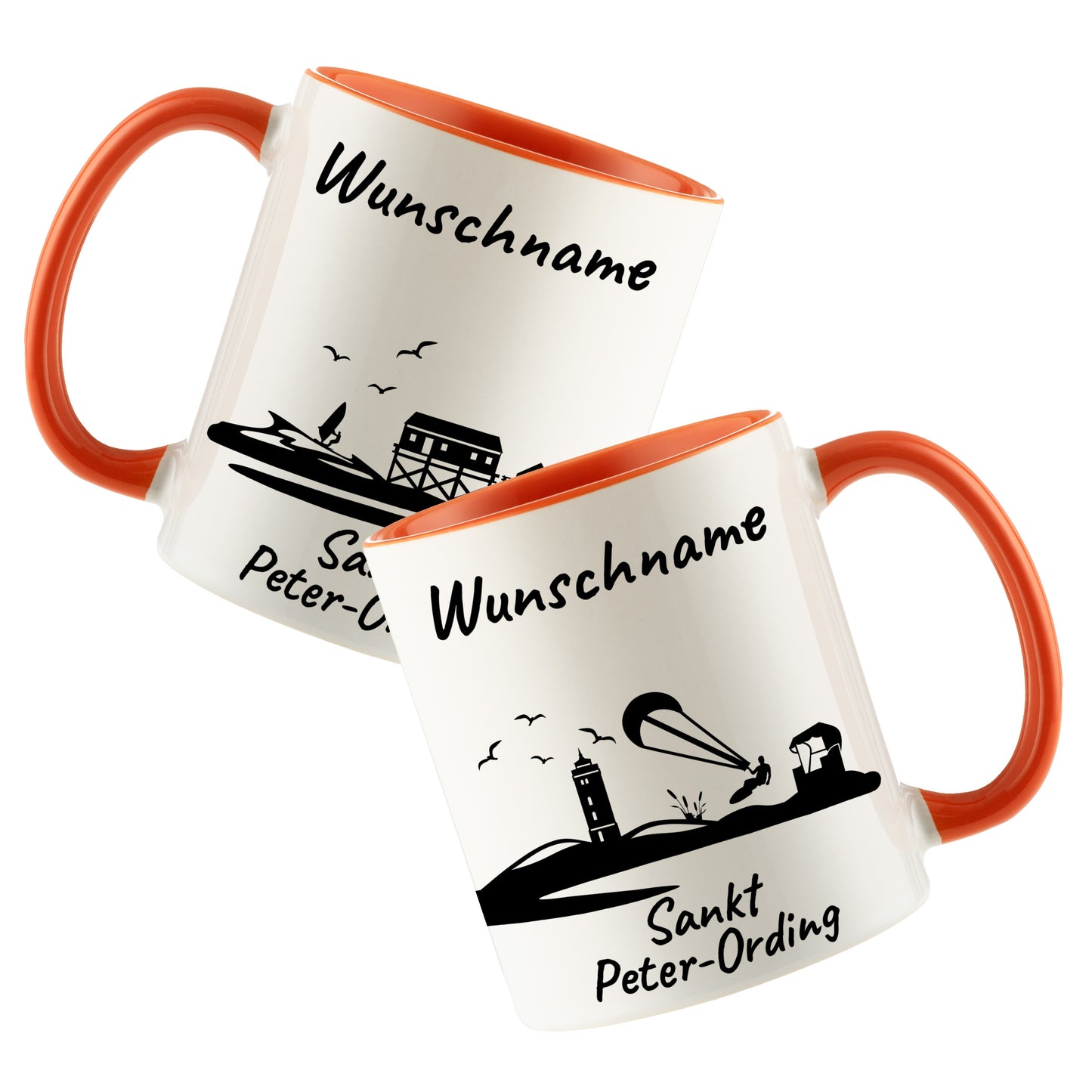 Tasse in Orange 330ml bedruckt mit der Skyline von Sankt Peter-Ording personalisierbar mit Wunschname