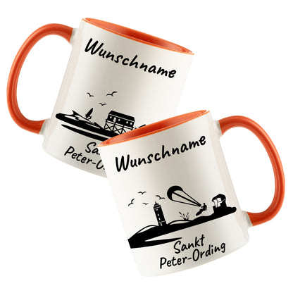 Tasse in Orange 330ml bedruckt mit der Skyline von Sankt Peter-Ording personalisierbar mit Wunschname