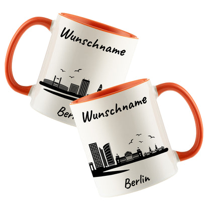 Tasse in Orange 330ml bedruckt mit der Skyline von Berlin personalisierbar mit Wunschname