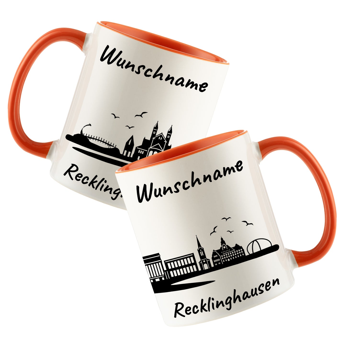 Tasse in Orange 330ml bedruckt mit der Skyline von Recklinghausen personalisierbar mit Wunschname