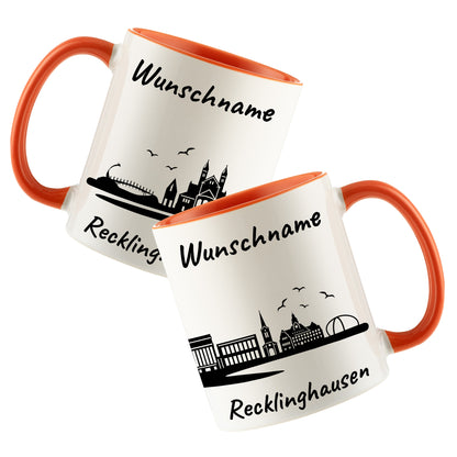Tasse in Orange 330ml bedruckt mit der Skyline von Recklinghausen personalisierbar mit Wunschname