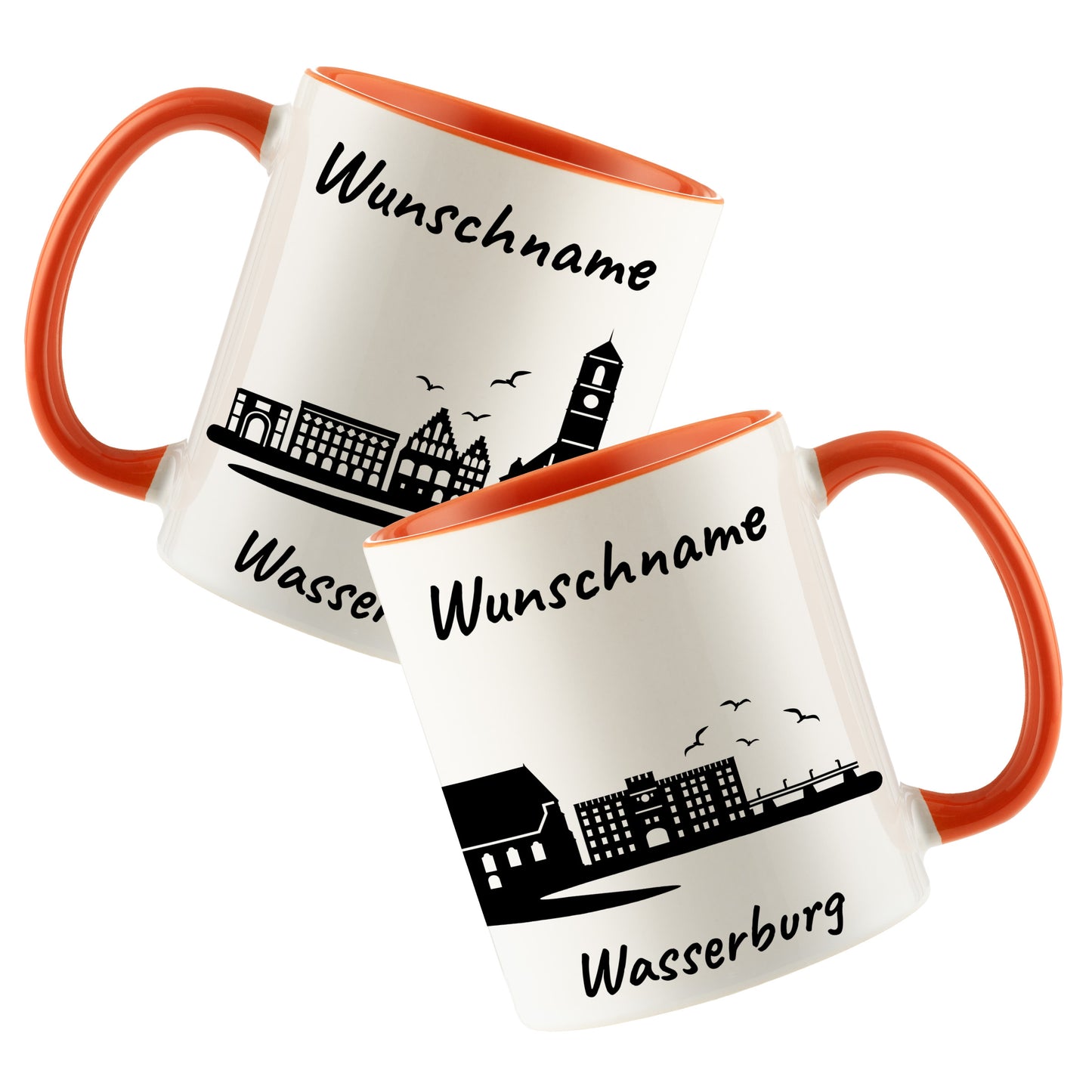 Tasse in Orange 330ml bedruckt mit der Skyline von Wasserburg personalisierbar mit Wunschname
