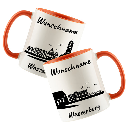 Tasse in Orange 330ml bedruckt mit der Skyline von Wasserburg personalisierbar mit Wunschname