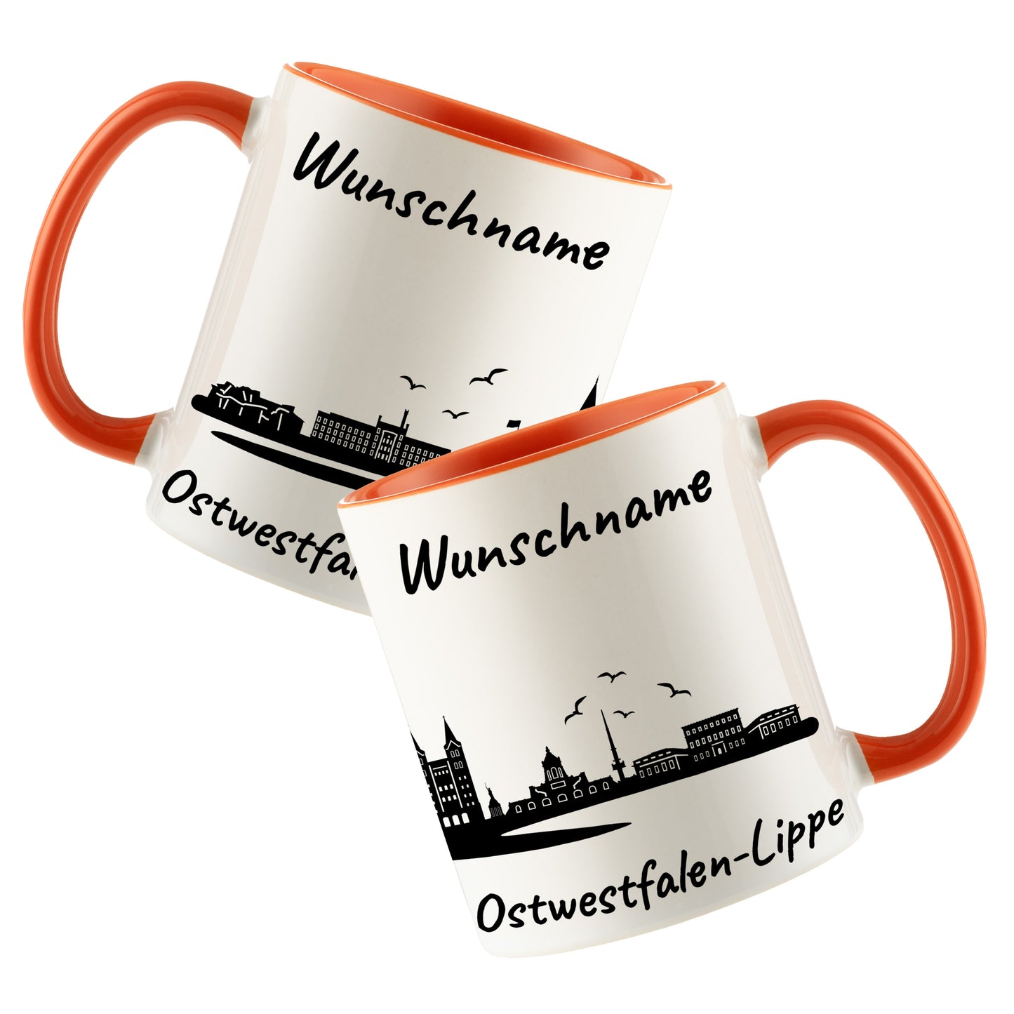 Tasse in Orange 330ml bedruckt mit der Skyline von Ostwestfalen-Lippe personalisierbar mit Wunschname