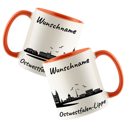 Tasse in Orange 330ml bedruckt mit der Skyline von Ostwestfalen-Lippe personalisierbar mit Wunschname