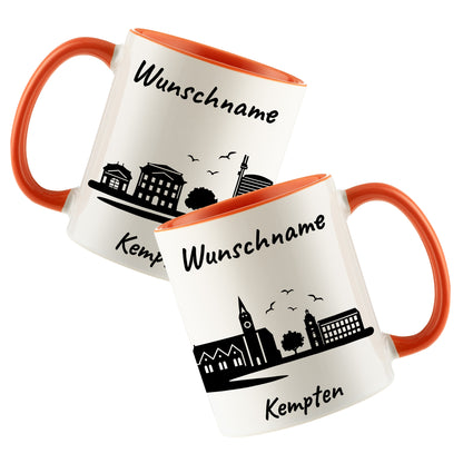 Tasse in Orange 330ml bedruckt mit der Skyline von Kempten personalisierbar mit Wunschname