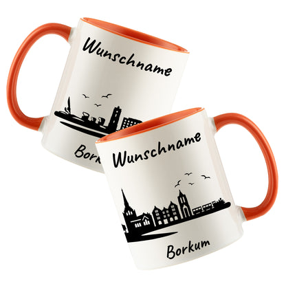 Tasse in Orange 330ml bedruckt mit der Skyline von Borkum personalisierbar mit Wunschname