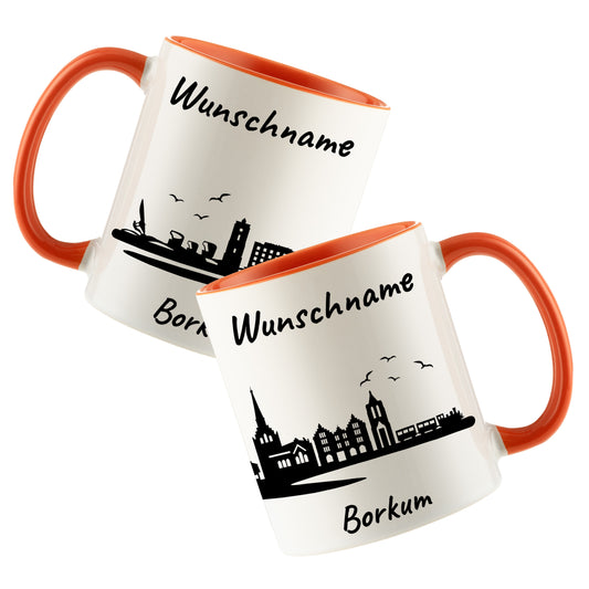 Tasse in Orange 330ml bedruckt mit der Skyline von Borkum personalisierbar mit Wunschname