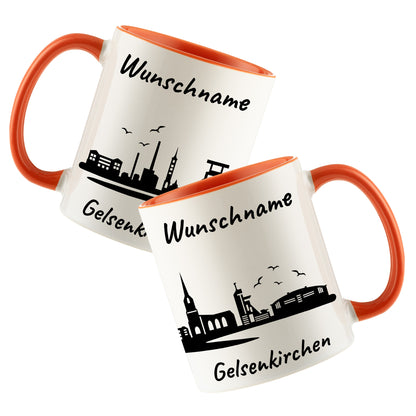 Tasse in Orange 330ml bedruckt mit der Skyline von Gelsenkirchen personalisierbar mit Wunschname
