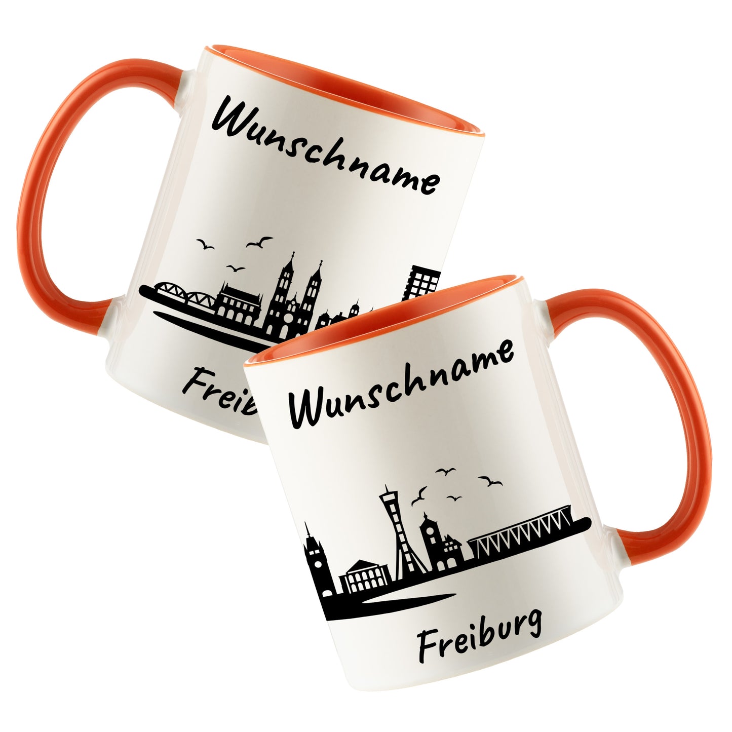 Tasse in Orange 330ml bedruckt mit der Skyline von Freiburg personalisierbar mit Wunschname