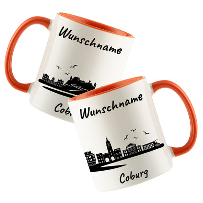 Tasse in Orange 330ml bedruckt mit der Skyline von Coburg personalisierbar mit Wunschname