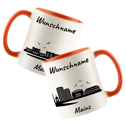 Tasse in Orange 330ml bedruckt mit der Skyline von Mainz personalisierbar mit Wunschname