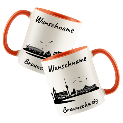 Tasse in Orange 330ml bedruckt mit der Skyline von Braunschweig personalisierbar mit Wunschname