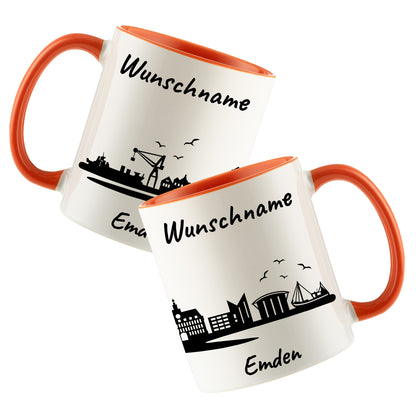 Tasse in Orange 330ml bedruckt mit der Skyline von Emden personalisierbar mit Wunschname
