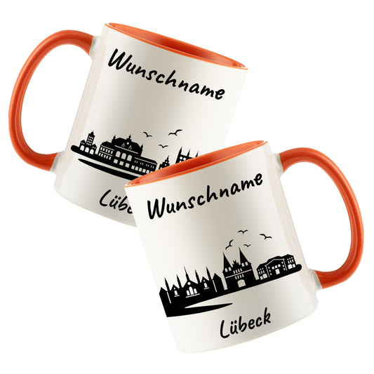 Tasse in Orange 330ml bedruckt mit der Skyline von Lübeck personalisierbar mit Wunschname